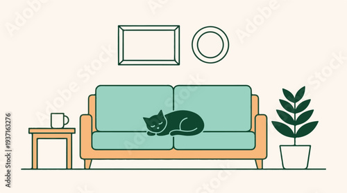 Minimalist illustration of a cat sleeping on a sofa in a cozy living room