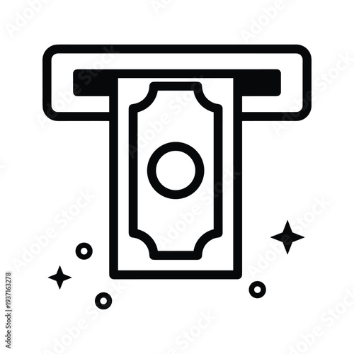 Illustration of an atm machine dispensing a bank card with decorative sparks