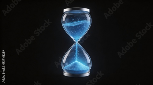 Glowing blue hourglass on dark background symbolizing time, countdown