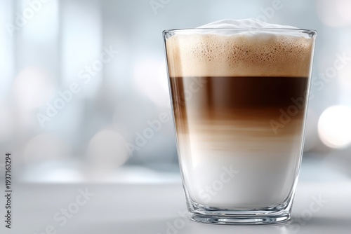 A layered latte macchiato with a creamy foam topping is presented in a clear glass, creating a visually appealing and tasty coffee drink against a blurred background.