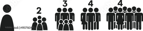 Abstract pictogram groups of people with numerical labels, illustrating counting, grouping, pattern recognition, coded relationships, mathematical logic, education, and conceptual design illustration.