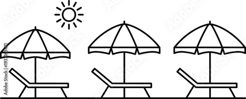 Beach umbrella and lounge chair line icon set summer vacation seaside relaxation outline vector illustration for travel and holiday design