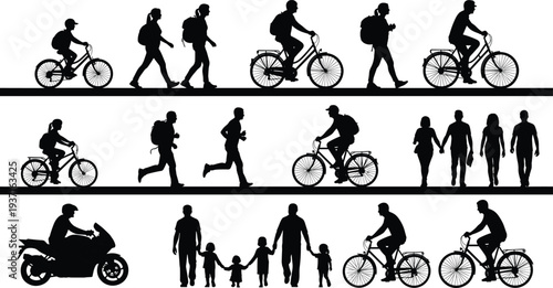 People walking, cycling, running and family silhouettes collection, urban lifestyle activities set including pedestrians, cyclists, joggers and motorbike rider isolated vector illustration