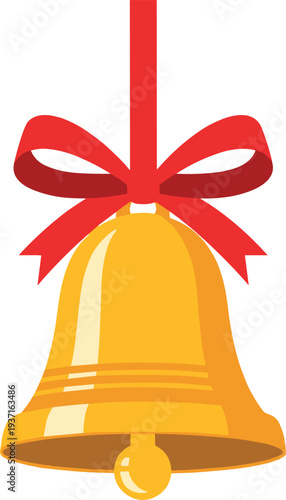 Golden bell with red ribbon tied around it