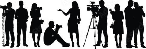Photographers and videographers silhouette collection with cameras and video equipment isolated on white background, media professionals, journalism, photography team concept illustration