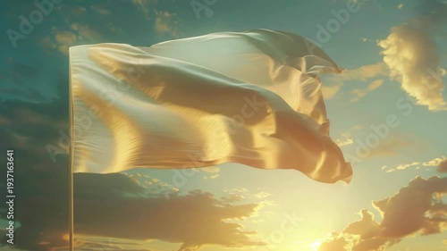 Golden flag waves gently against a radiant sunset sky. Soft clouds drift behind the flag's flowing fabric. Sunlight glows through the flag's gentle folds