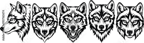 Set of five detailed wolf head illustrations in black and white, fierce wild animal mascot style vector collection for logo, tattoo, emblem, and wildlife design