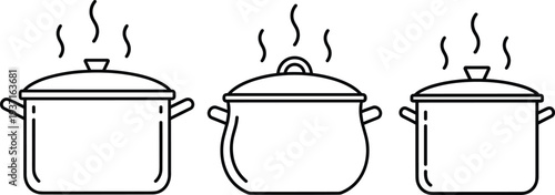 Cooking pot outline icon set steaming kitchen cookware line art saucepan food preparation vector illustration collection