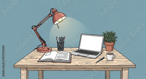 Minimalist Workspace with Desk Lamp Laptop and Plant.