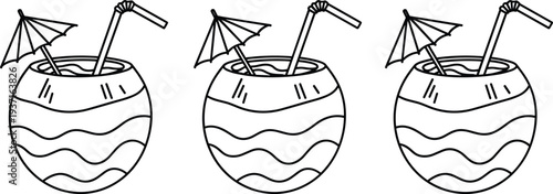 Coconut drink outline icon set tropical summer cocktail with umbrella and straw line art vector illustration collection