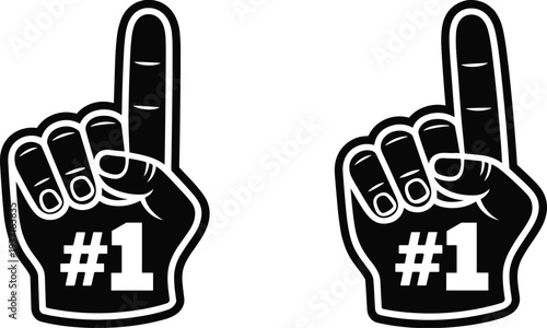 Two Black and White Vector Illustrations of Foam Fingers with Number One Text for Sports Fans Championship Winning and Success Concept Isolated on White