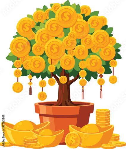 Money tree with gold coins and ingots for prosperity
