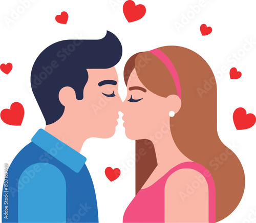 Loving couple sharing tender romantic kiss surrounded by hearts