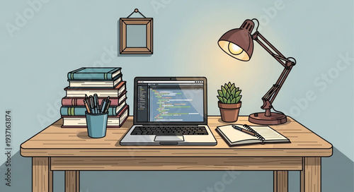 Organized workspace with laptop and office supplies.