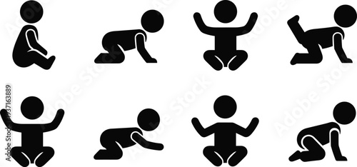 Black silhouette icons of baby postures and movements, including sitting, crawling, and raising arms, ideal for child development, parenting, education, and design reference.