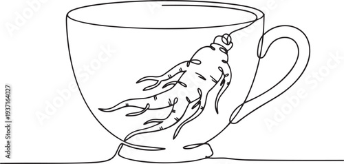 Ginseng root tea cup continuous one line drawing minimalist outline illustration herbal health infusion in one line art style with editable stroke vector.