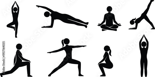 Black silhouette icons of yoga and fitness poses including tree, plank, meditation, downward dog, lunge, warrior, squat, and standing exercises for health and mindfulness.