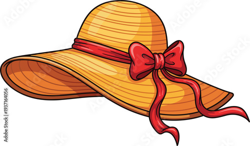 Elegant Women Summer Straw Hat with Red Ribbon Bow Wide Brim Fashion Accessory for Beach Vacation Sun Protection Vector Illustration