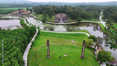 Aerial view of the mausoleum of emperor gia long complex with its temples and lake in hue, vietnam