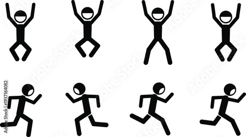 Black stick figure silhouette set featuring active people characters running jumping and celebrating isolated on white background for sports fitness and energetic lifestyle concepts