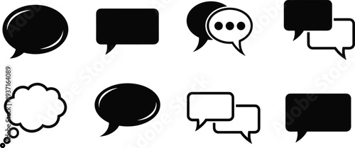 Black speech bubble icon set featuring different shapes of chat clouds, thought bubbles, and messaging symbols for communication and social media isolated on white background vector.