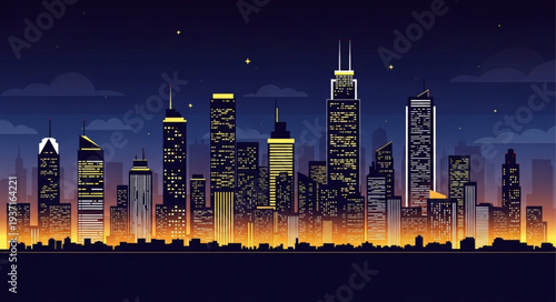 Night Skyline of Modern City with Tall Skyscrapers.