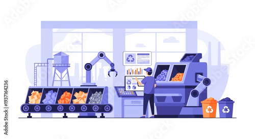 Automated Waste Recycling Plant Illustration: Robotic Sorting, Sustainable Industry & Operator Control for Eco-Friendly Processing