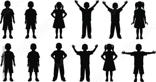 Silhouette collection of twelve children in diverse poses, boys and girls standing with raised arms, casual stances, playful gestures, black vector illustration for design
