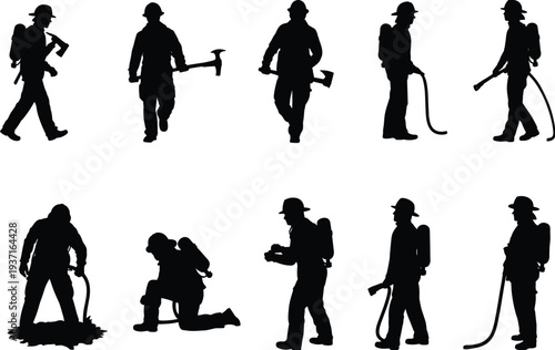Silhouette firefighters in action poses, black vector illustration showing emergency response, rescue teamwork, fire safety equipment, heroic service, dynamic artwork, and professional uniform design