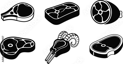 Black and white illustration of various cuts of meat