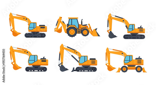 Flat Design Construction Vehicles Collection: Excavators, Backhoe Loaders, and Heavy Equipment Icons Set