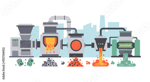 Metal Recycling Process Infographic: Waste Aluminum Cans Transformed into New Materials in an Industrial Factory