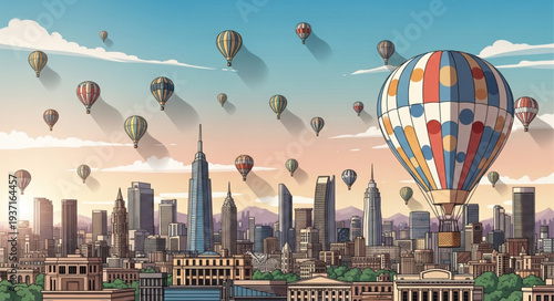 Colorful Hot Air Balloons Floating Over City Skyline.