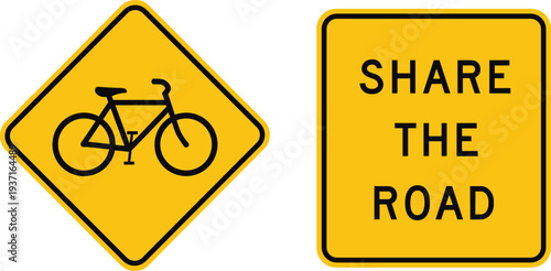 Share the road bicycle warning sign set yellow traffic safety symbol cycling awareness vector illustration design