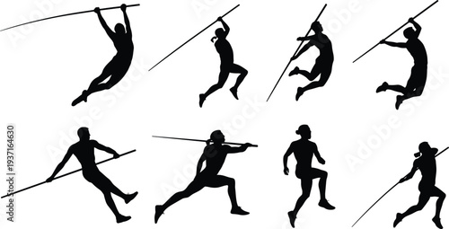 Silhouette illustration of eight athletes performing pole vaulting sequence, showing dynamic motion, strength, technique, sports competition, fitness, and track and field athleticism.