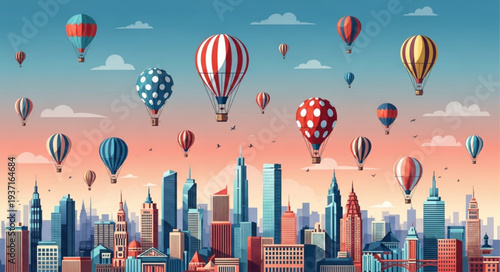 Colorful Hot Air Balloons Floating Over City Skyline.