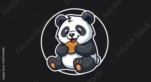 Cartoon panda eating waffle black background