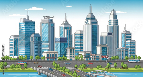 Modern City Skyline with Tall Skyscrapers and Green Park.