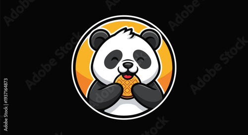Cartoon panda eating waffle black background
