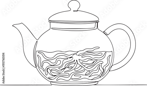 Herbal root tea pot continuous one line drawing minimalist outline illustration organic health infusion in one line art style with editable stroke vector.