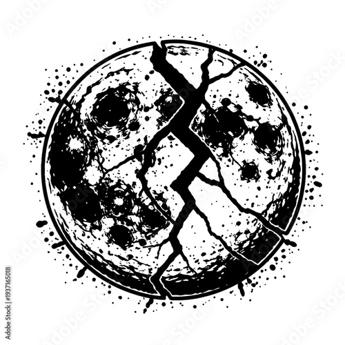 Cracked moon illustration with splatters and grunge texture, a grunge moon, shattered moon, moon with cracks, grunge illustration, moon splatter art, broken moon, grunge moon art, moon with splatters,