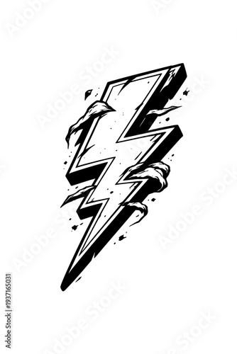 Black and white lightning bolt graphic design element with bold lines and splashes of energy
