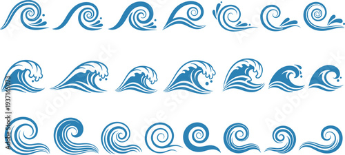 Ocean wave swirl icon collection blue water splash symbols surfing sea tide elements nautical vector illustration design set