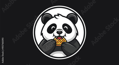 Cartoon panda eating waffle in circular frame