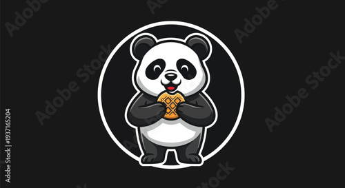 Cartoon panda eating waffle on black background