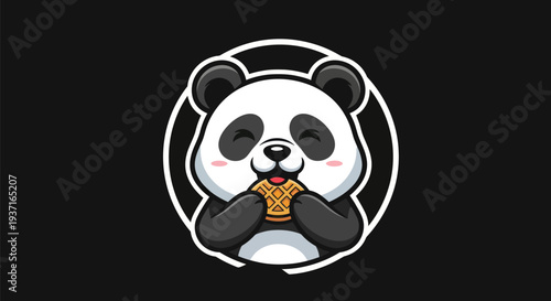 Cartoon panda eating waffle on black background