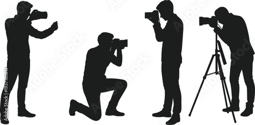 Silhouette photographers in diverse poses using cameras and tripod, capturing creative shots, professional photography stances, hobbyists 