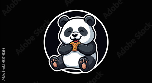 Cartoon panda eating waffle on black