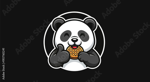 Cartoon panda eating waffle with thumbs up