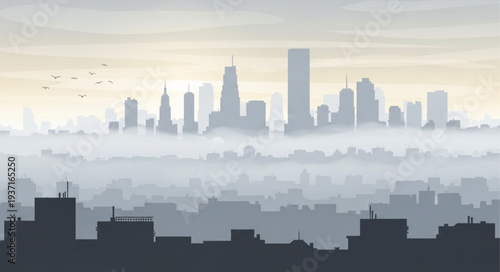 Silhouette of City Skyline with Tall Buildings and Skyscrapers.